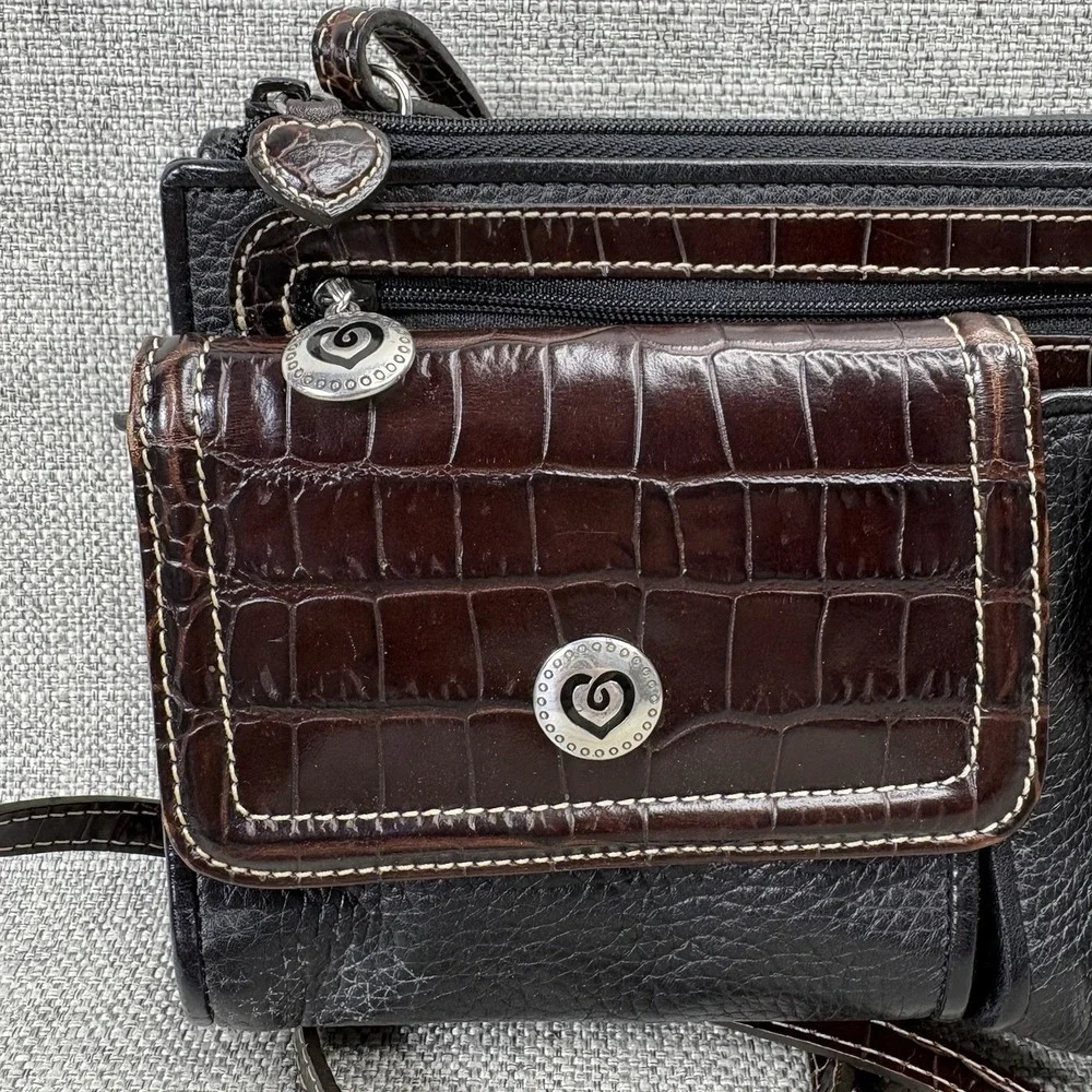 Brighton Black Brown Leather Crossbody Organizer Bag Heart Hardware Mini‎ Purse